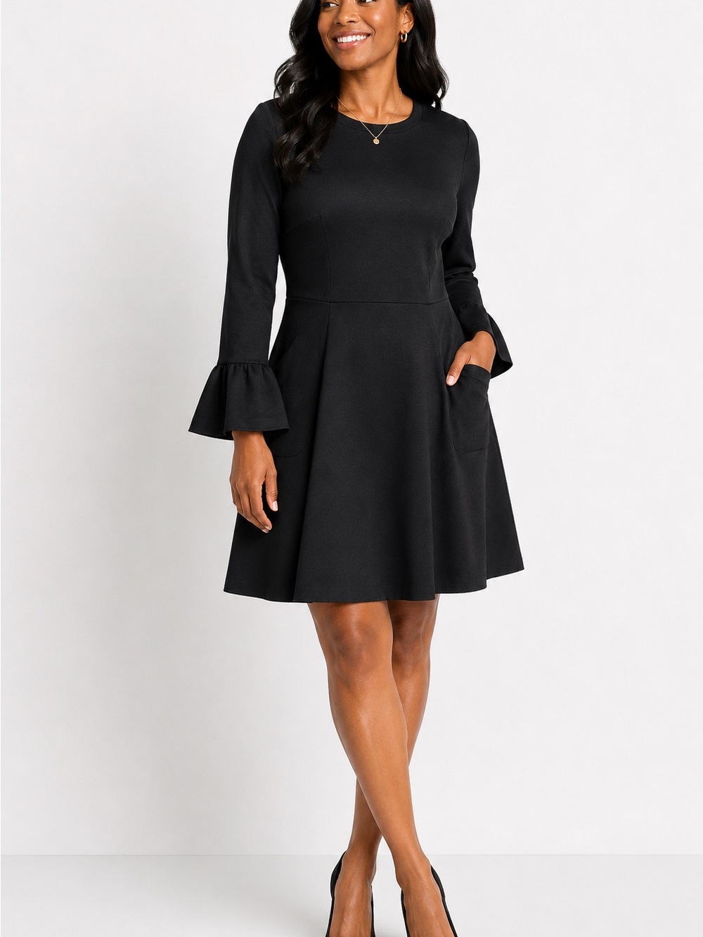 kate spade Ruffle-Cuff Fit & Flare  Little Black‎ dress mini dress M